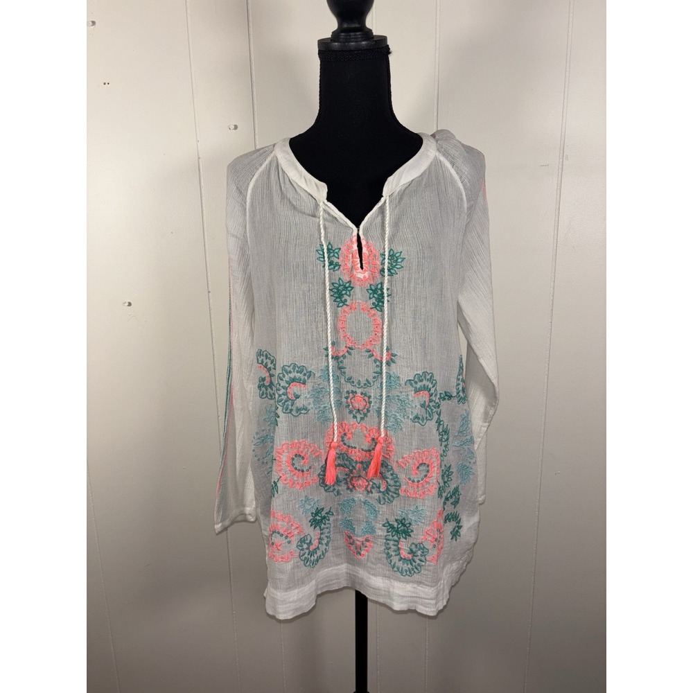 Boden Womens 12 Gauze Boho‎ Peasant Blouse Embroidered Neon Flowers Tassels